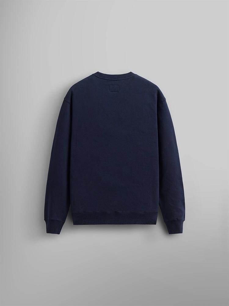 Back view of the Essential Crewneck, a plain navy blue cotton blend sweater.