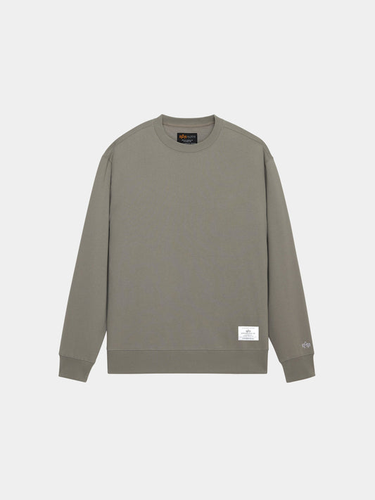 Alpha Industries Essential Crewneck, long-sleeve cotton blend sweater in mid gray with ribbed cuffs, hem, patch, and sleeve logo.