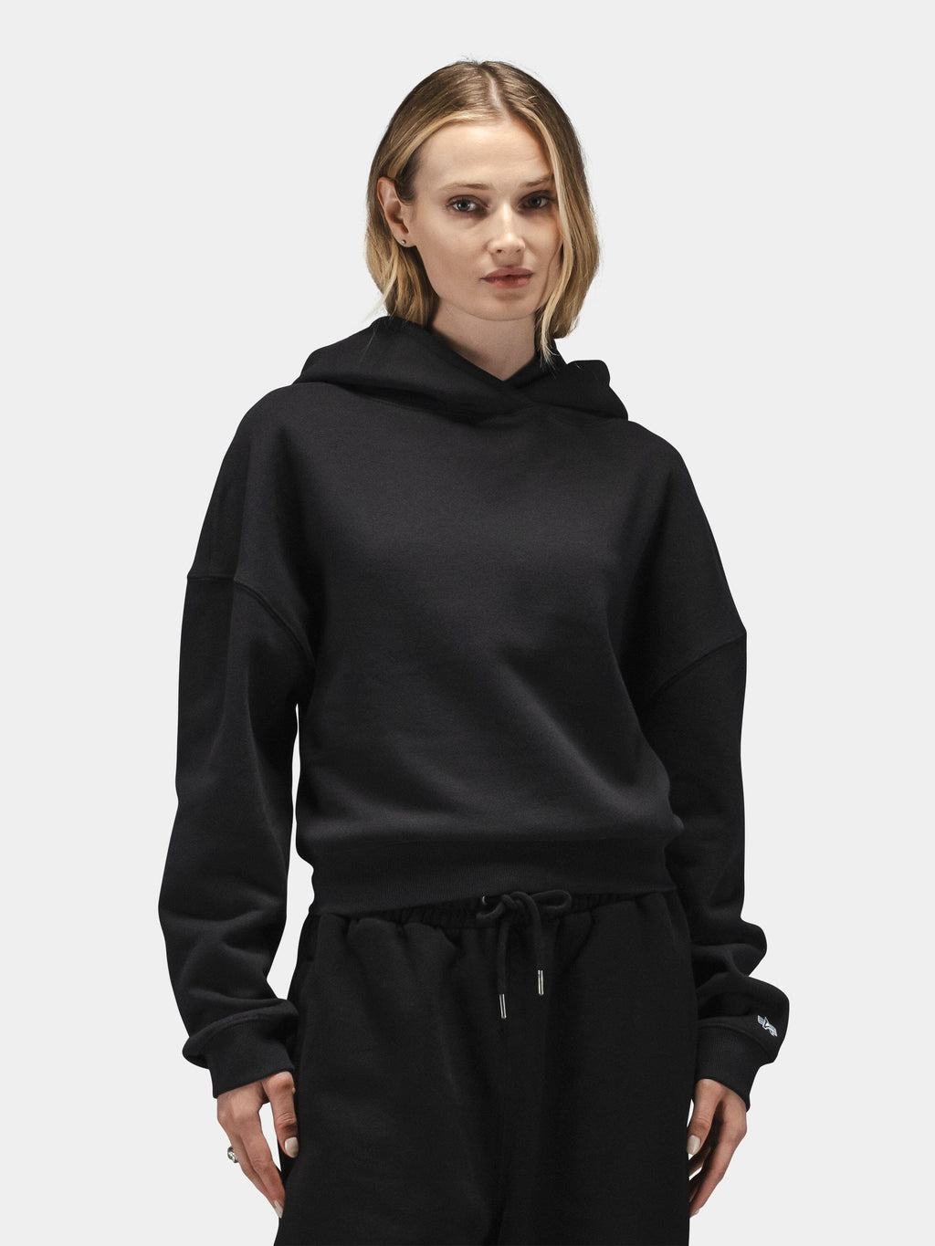 Alpha Industries Essential Cropped Hoodie Womens in black with matching black pants.