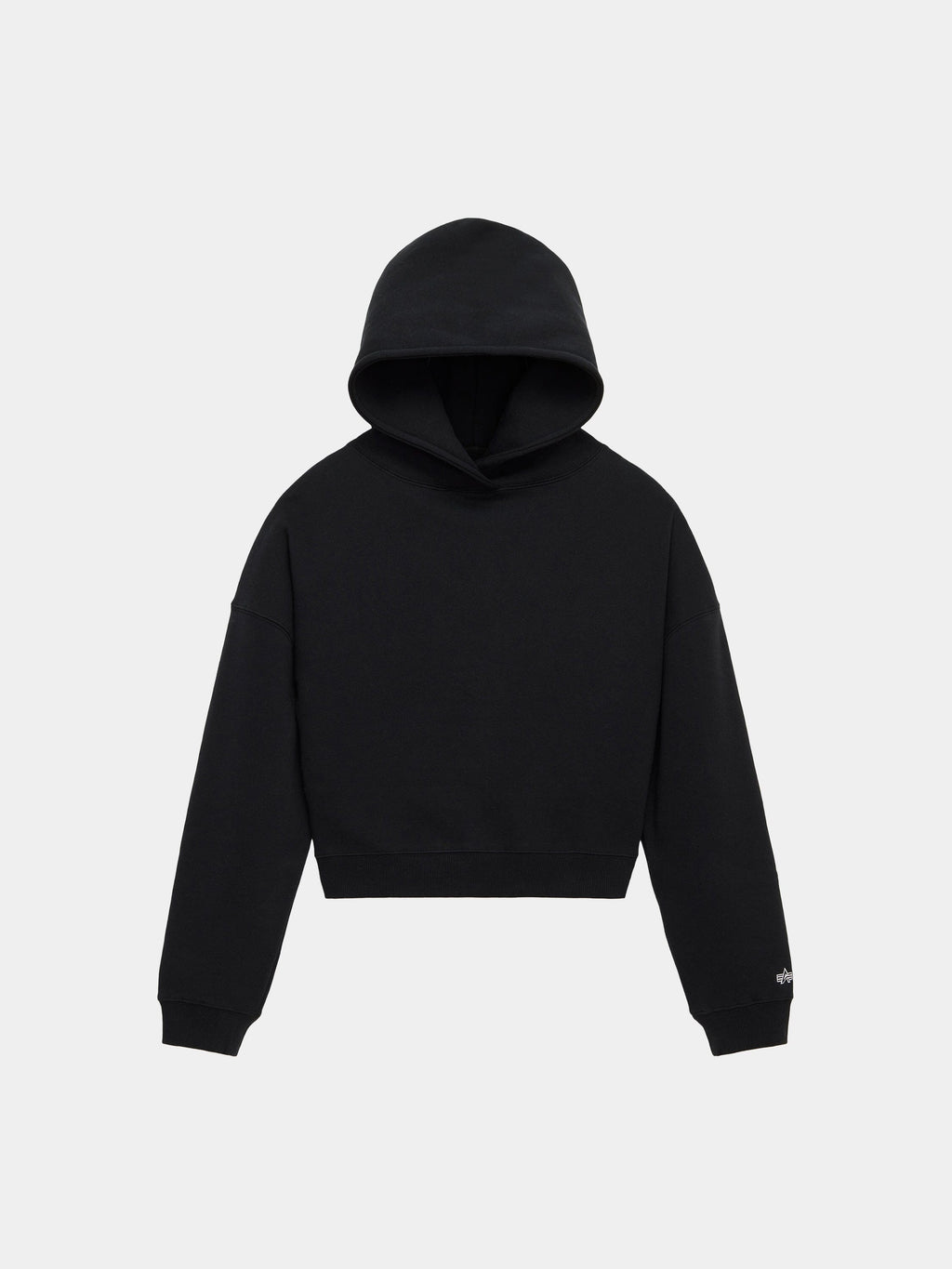 Alpha Industries Essential Cropped Hoodie Womens in Black with long sleeves, front pocket, and embroidered logo.