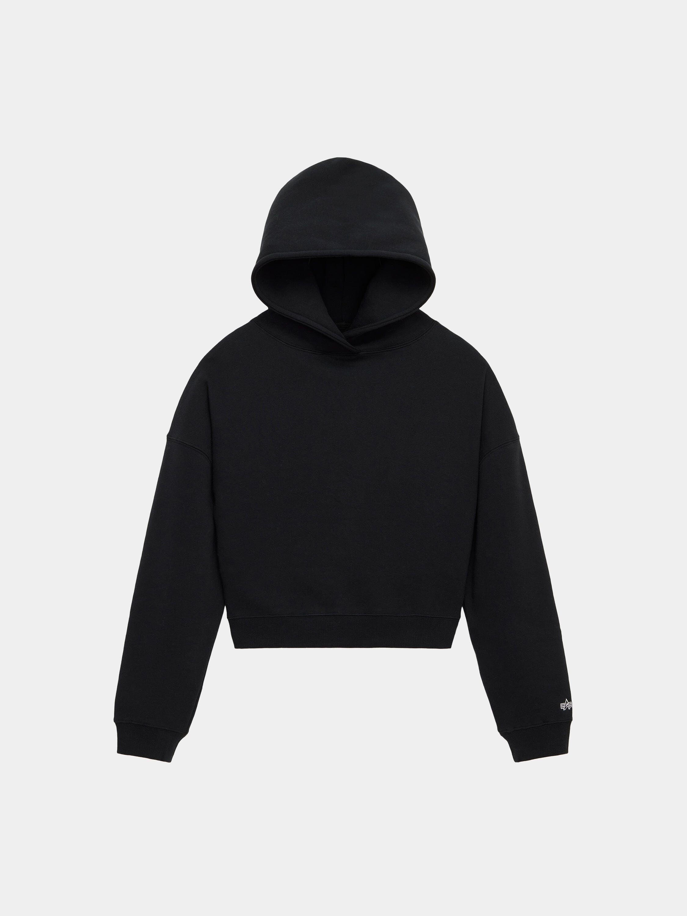 Alpha Industries Essential Cropped Hoodie Womens in Black with long sleeves, front pocket, and embroidered logo.