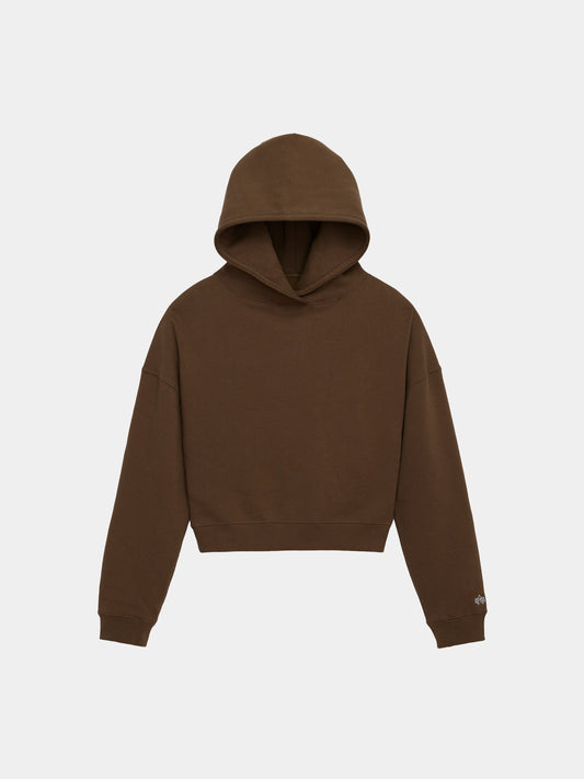 Alpha Industries Essential Cropped Hoodie Womens in Espresso with long sleeves, front hood, and embroidered logo.