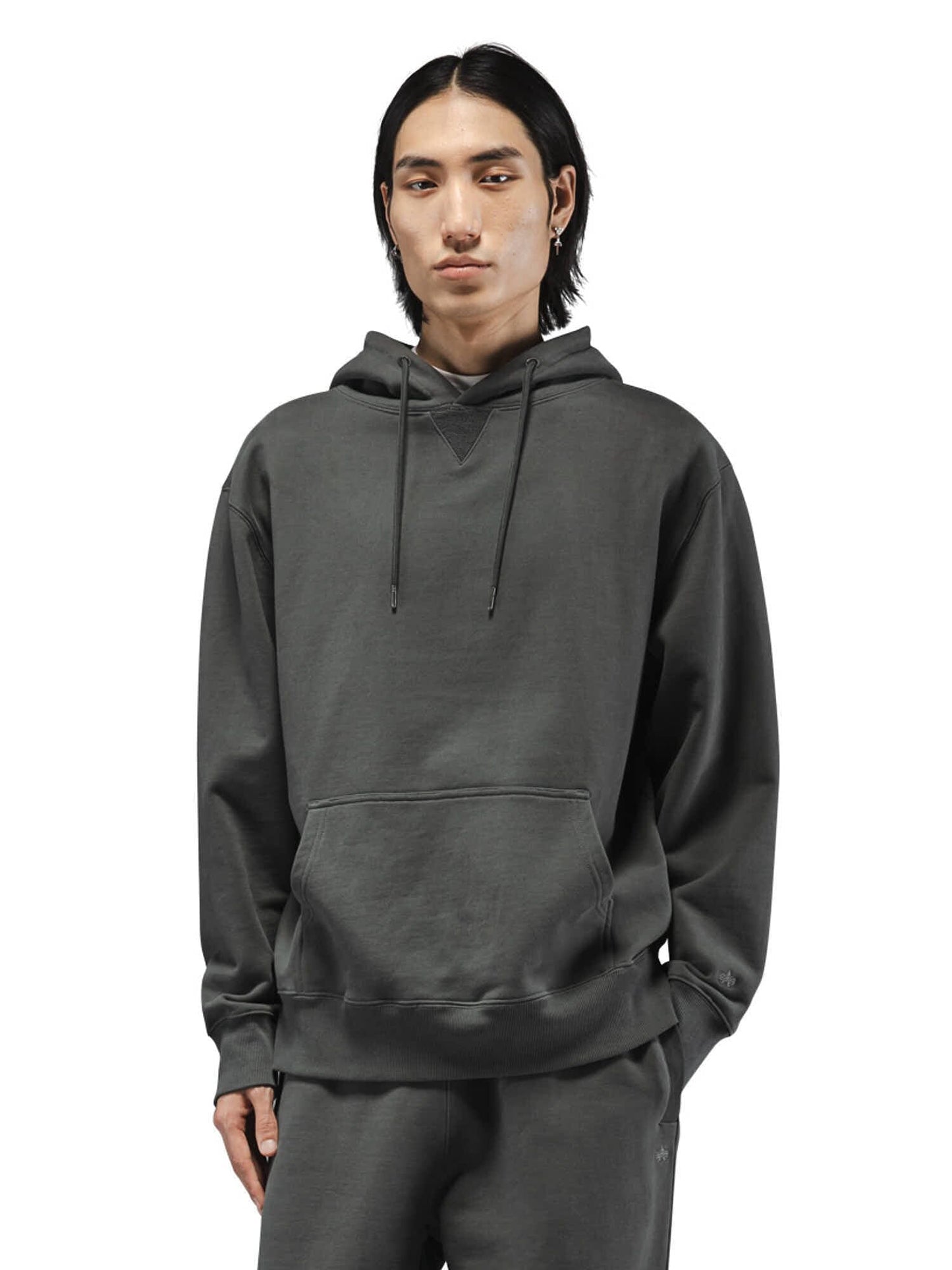 Alpha Industries Essential French Terry Hoodie Gen Ii and Sweatpants in Charcoal Gray.