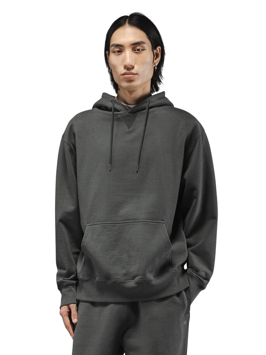 Alpha Industries Essential French Terry Hoodie Gen Ii and Sweatpants in Charcoal Gray.