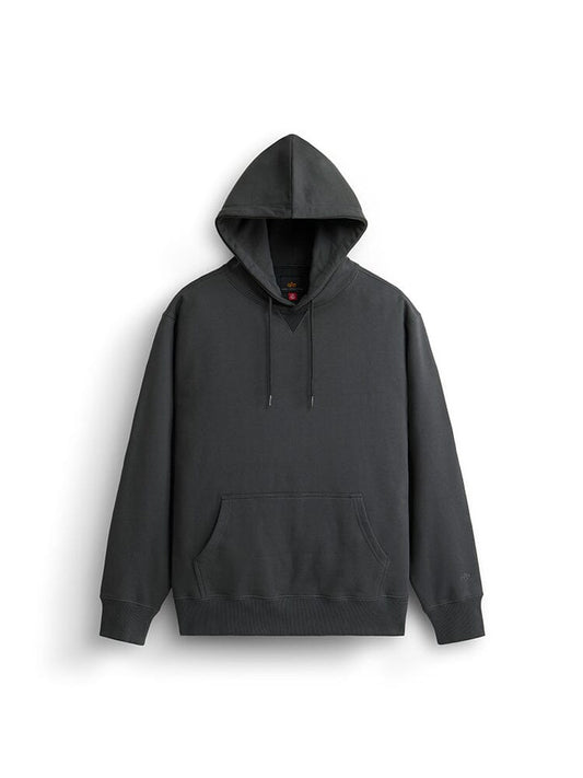 Alpha Industries Essential French Terry Hoodie Gen Ii, charcoal, French terry cotton, front pocket, drawstrings.