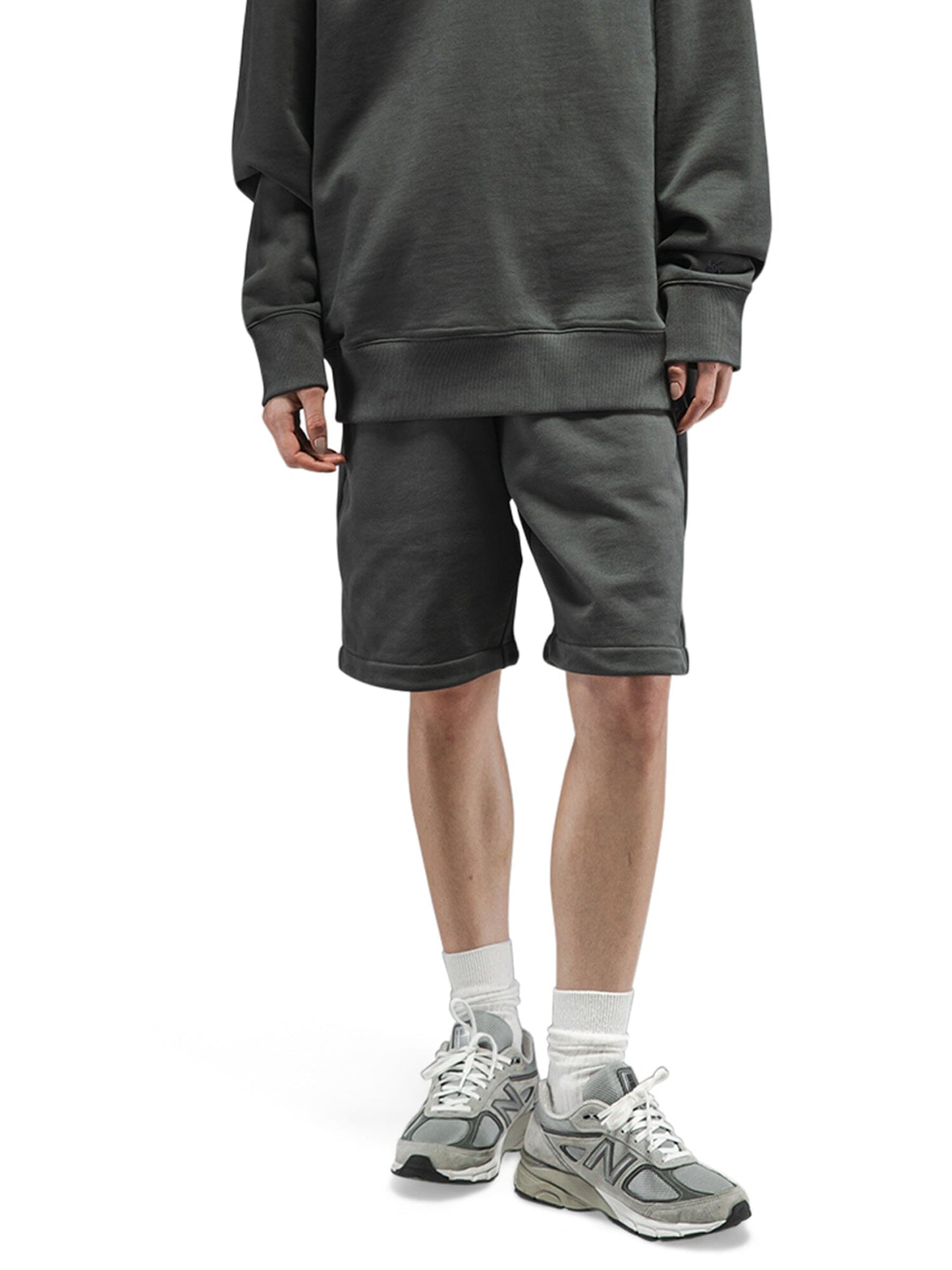 Alpha Industries Essential French Terry Short, gray, elastic waistband, drawstring closure.