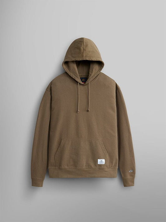 Essential Hoodie by Alpha Industries, coyote brown with front pocket, drawstrings, and small white patch near bottom hem.