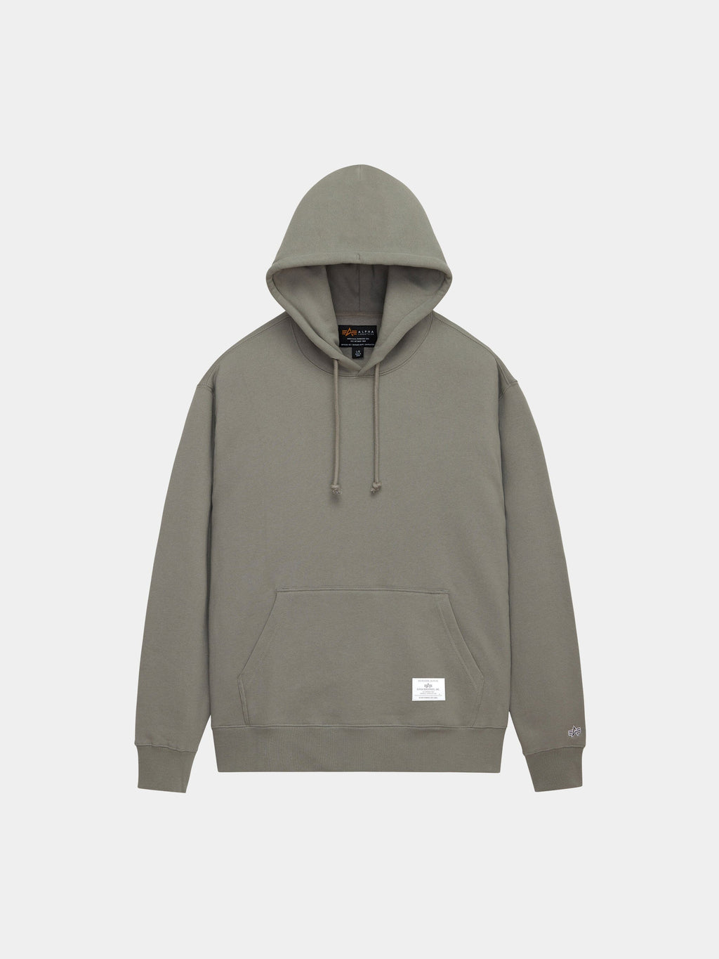 Alpha Industries Essential Hoodie in Mid Gray with front kangaroo pocket, drawstrings, and small white label near the hem.