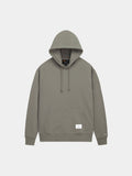 Alpha Industries Essential Hoodie in Mid Gray with front kangaroo pocket, drawstrings, and small white label near the hem.
