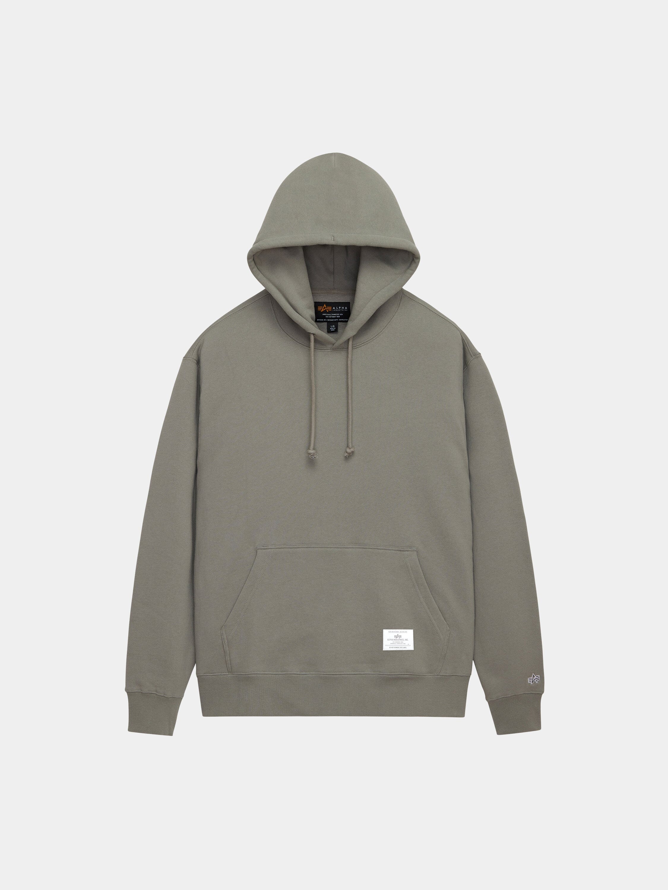 Alpha Industries Essential Hoodie in Mid Gray with front kangaroo pocket, drawstrings, and small white label near the hem.
