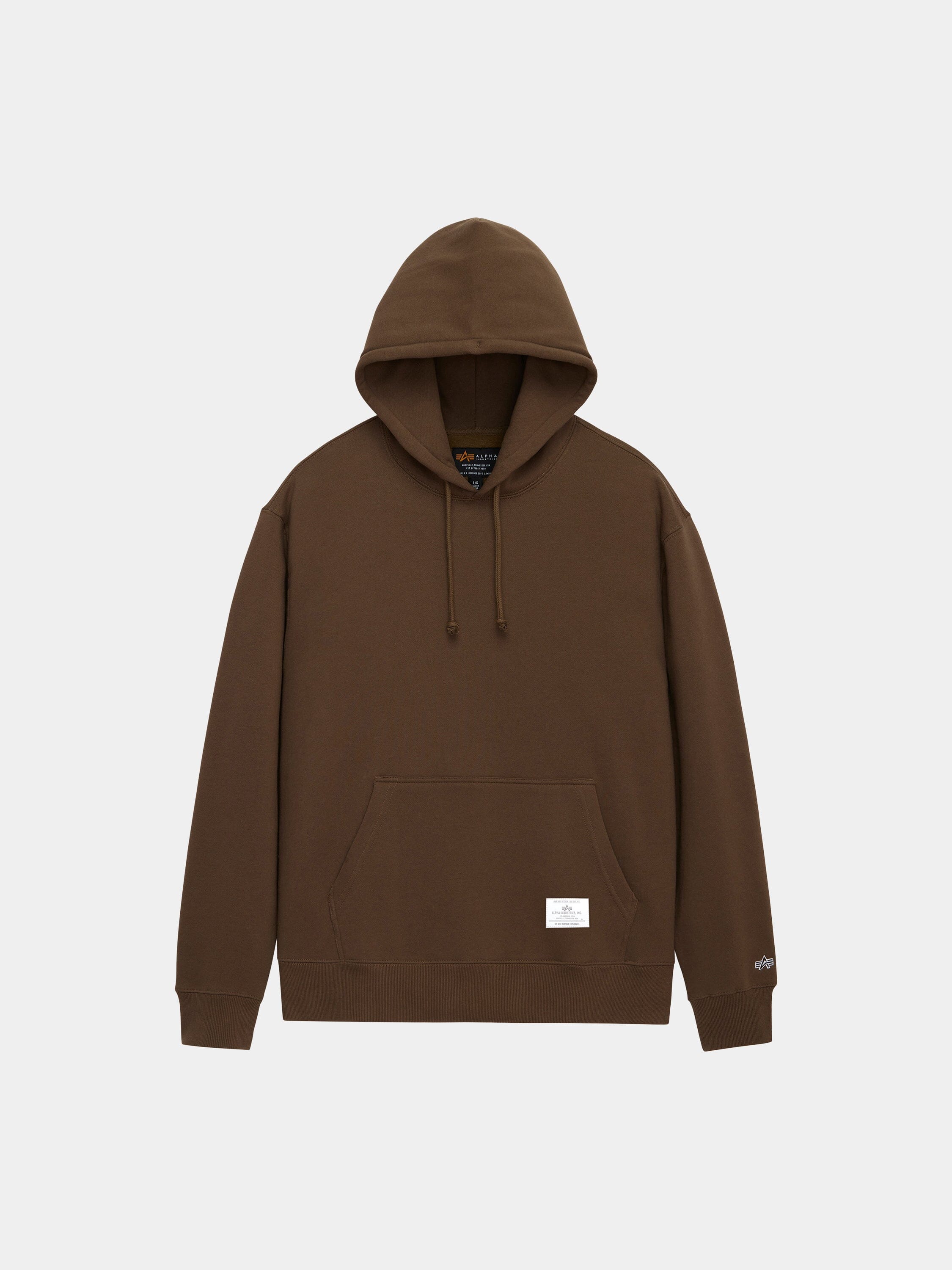 Alpha Industries Essential Hoodie in Espresso with front pocket, drawstrings, and small white label on the lower front.