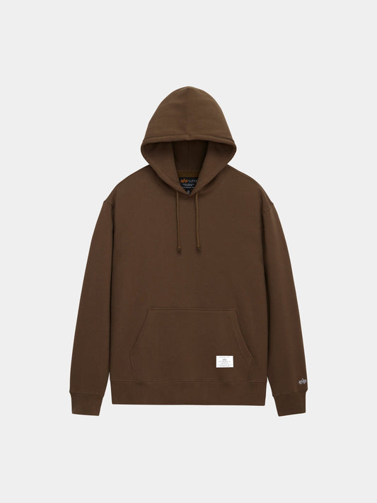 Alpha Industries Essential Hoodie in Espresso with front pocket, drawstrings, and small white label on the lower front.