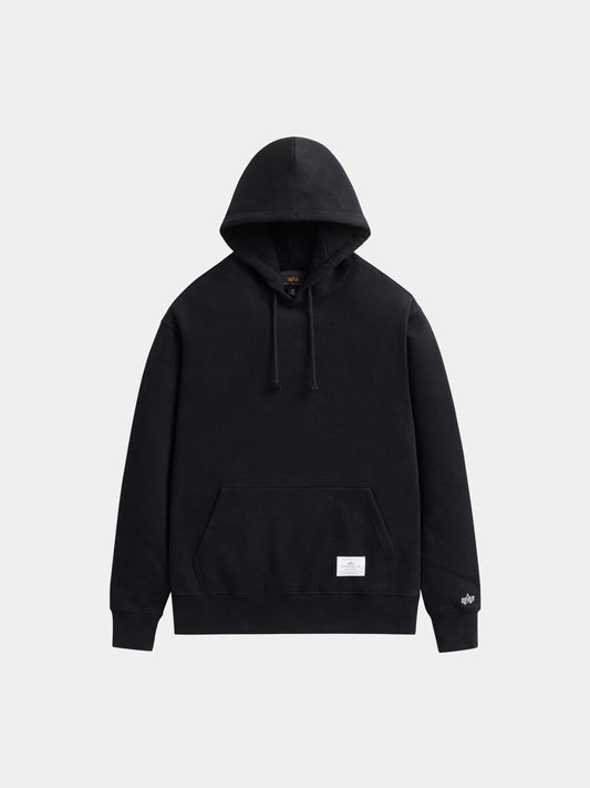 Alpha Industries Essential Hoodie in Black with drawstrings, front kangaroo pocket, ribbed cuffs and hem, small white label at hem.