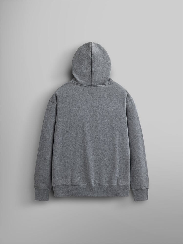 The Essential Hoodie by Alpha Industries, showcased in gray, is arranged with its back facing forward.