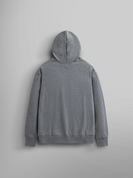 The Essential Hoodie by Alpha Industries, showcased in gray, is arranged with its back facing forward.