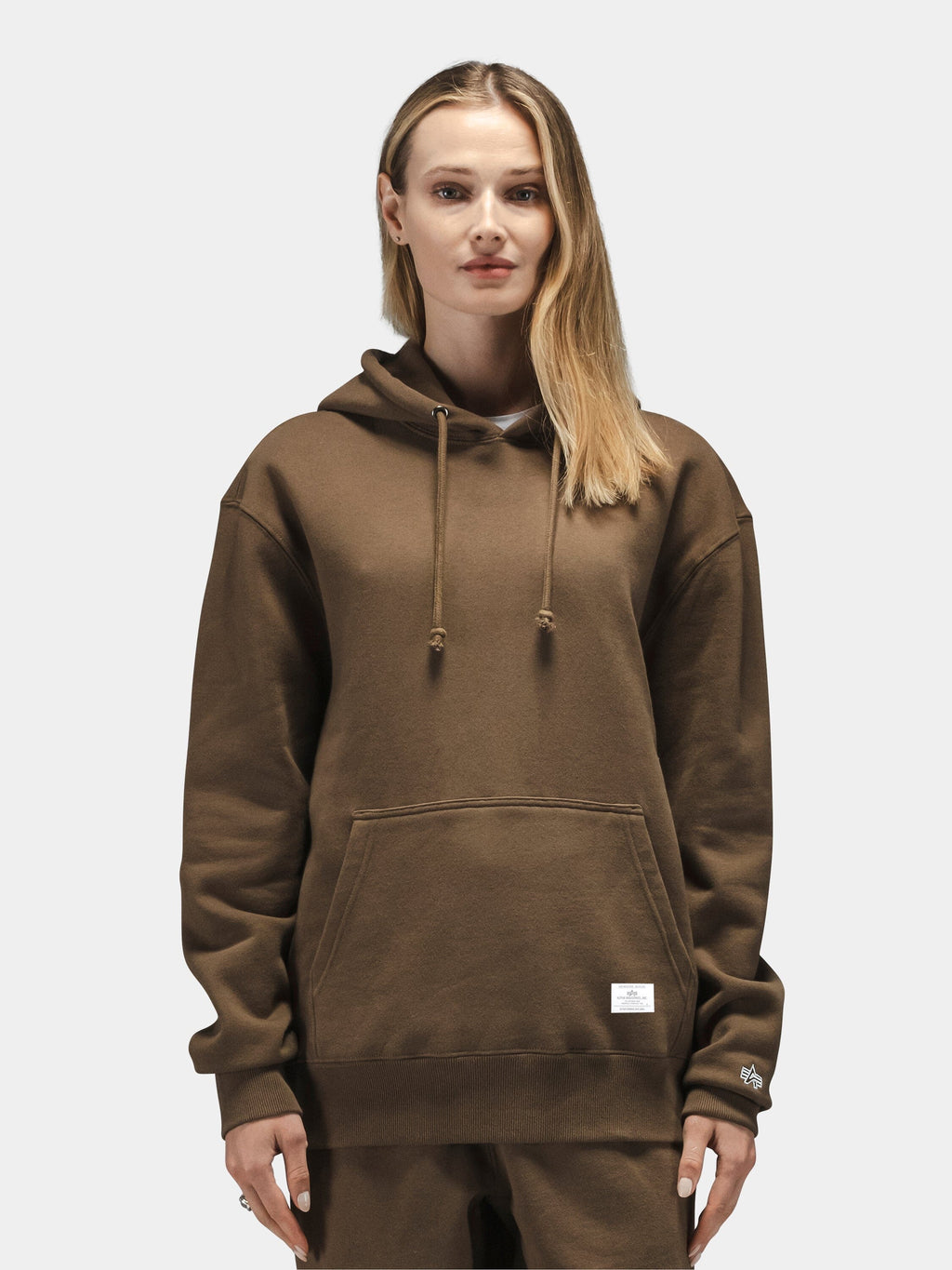 Alpha Industries Essential Hoodie in brown with matching brown pants.