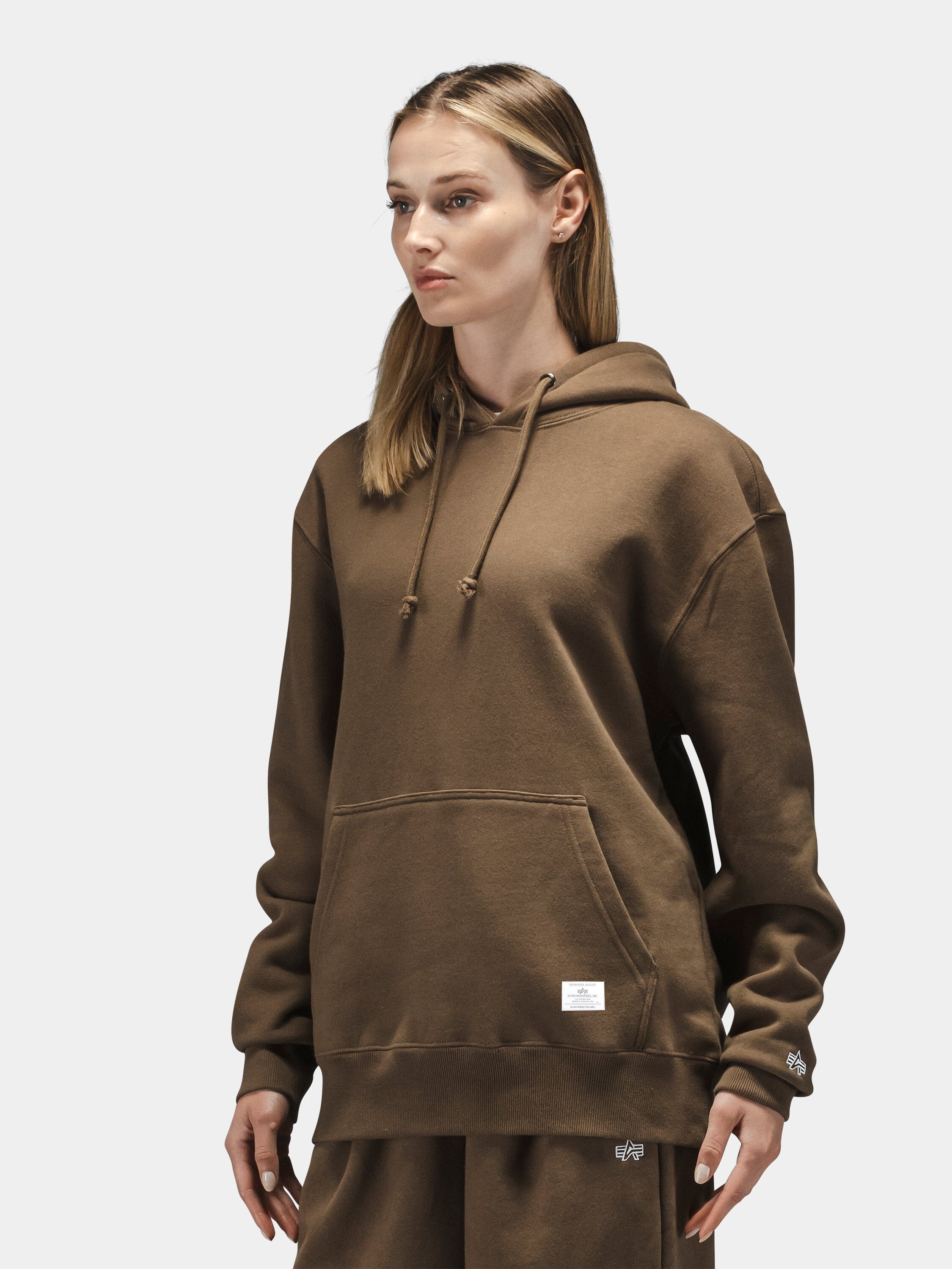 Alpha Industries Essential Hoodie, brown, with matching brown pants.