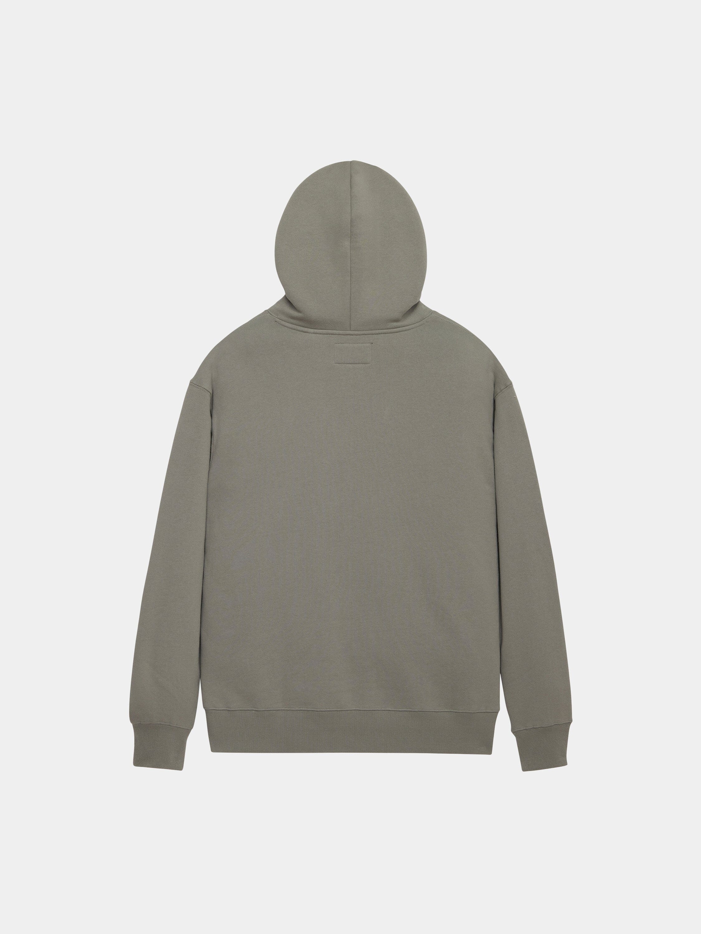 Alpha Industries Essential Hoodie in light gray, with long sleeves, ribbed cuffs, and hem.