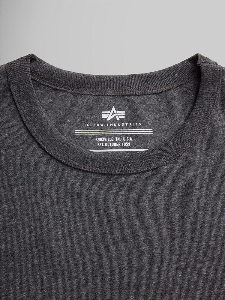 Alpha Industries Essential Relaxed Tee in dark grey, collar and upper chest with printed label details inside.