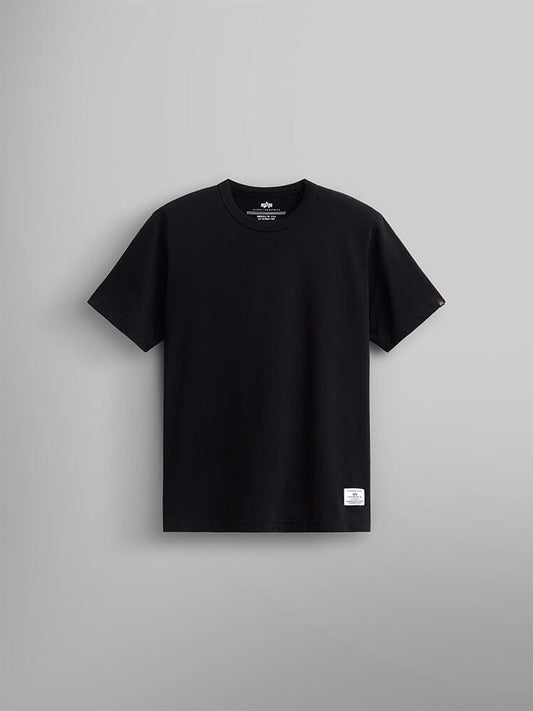 Alpha Industries Essential Relaxed Tee in Black, 210 gsm fabric, small white label at hem.