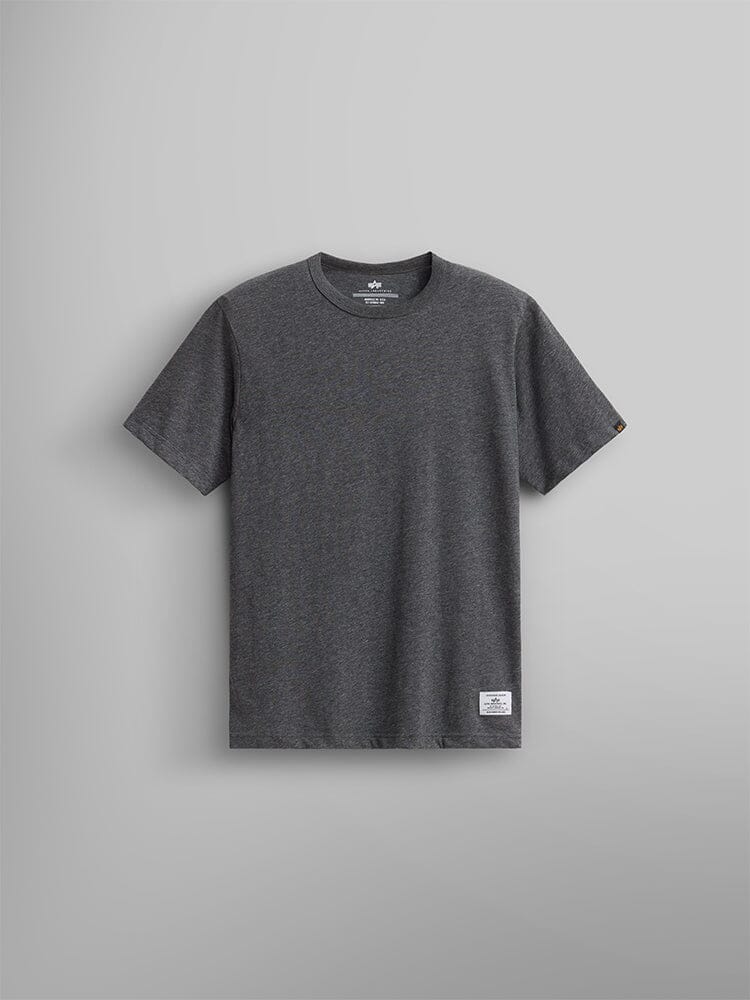 Alpha Industries Essential Relaxed Tee in Dark Charcoal Heather, crew neck, 210 GSM fabric, short sleeves, white label near hem.