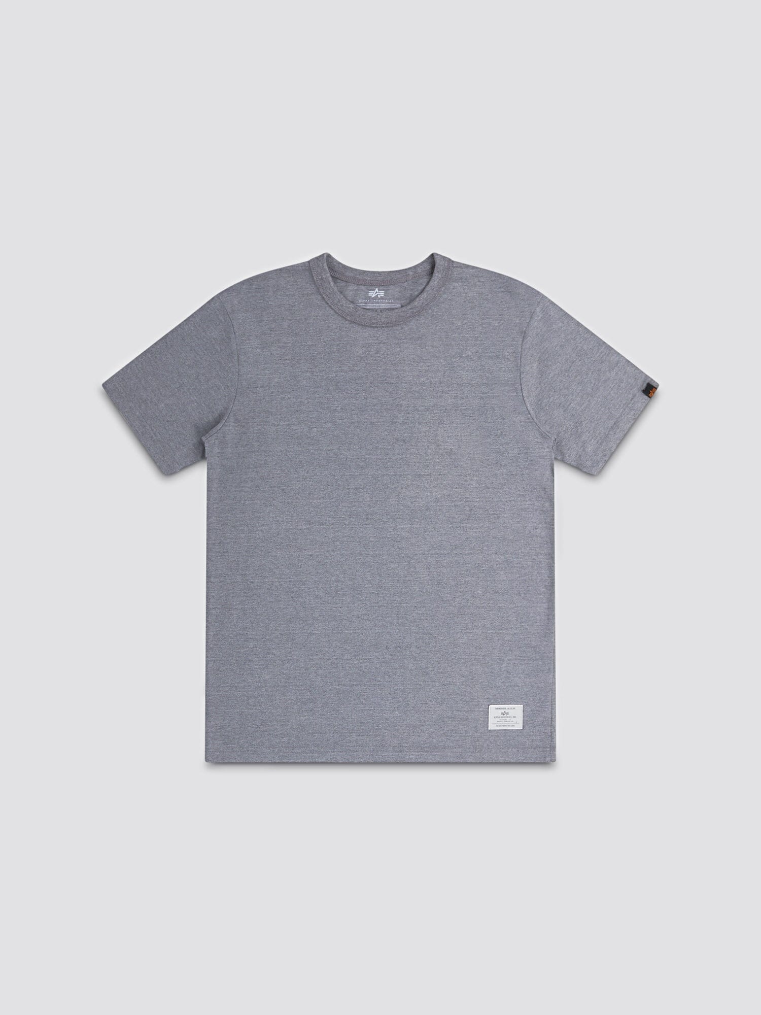 Alpha Industries Essential Relaxed Tee in Medium Charcoal Heather, round neck, short sleeves, 210 GSM fabric, small white label near hem.