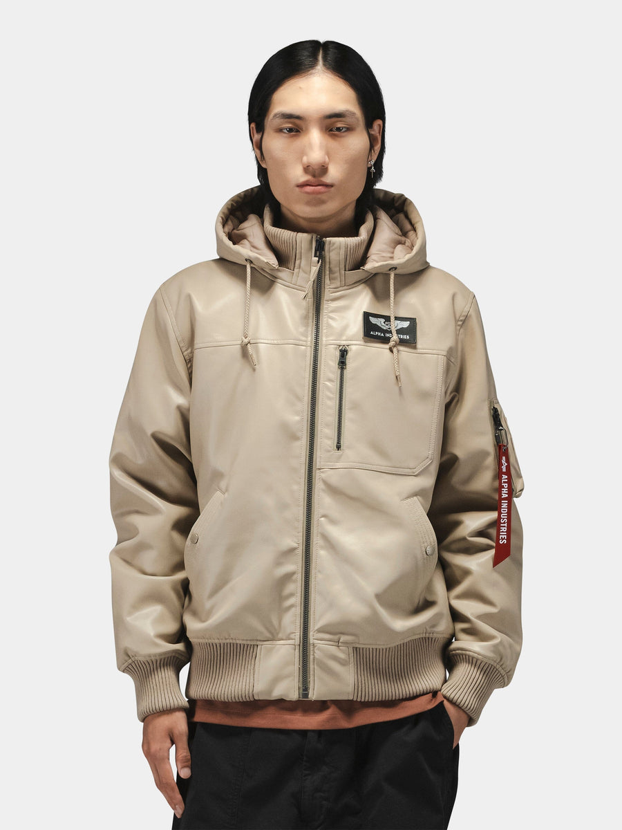 FAUX LEATHER HOODED RIB FLIGHT JACKET OUTERWEAR Alpha Industries 