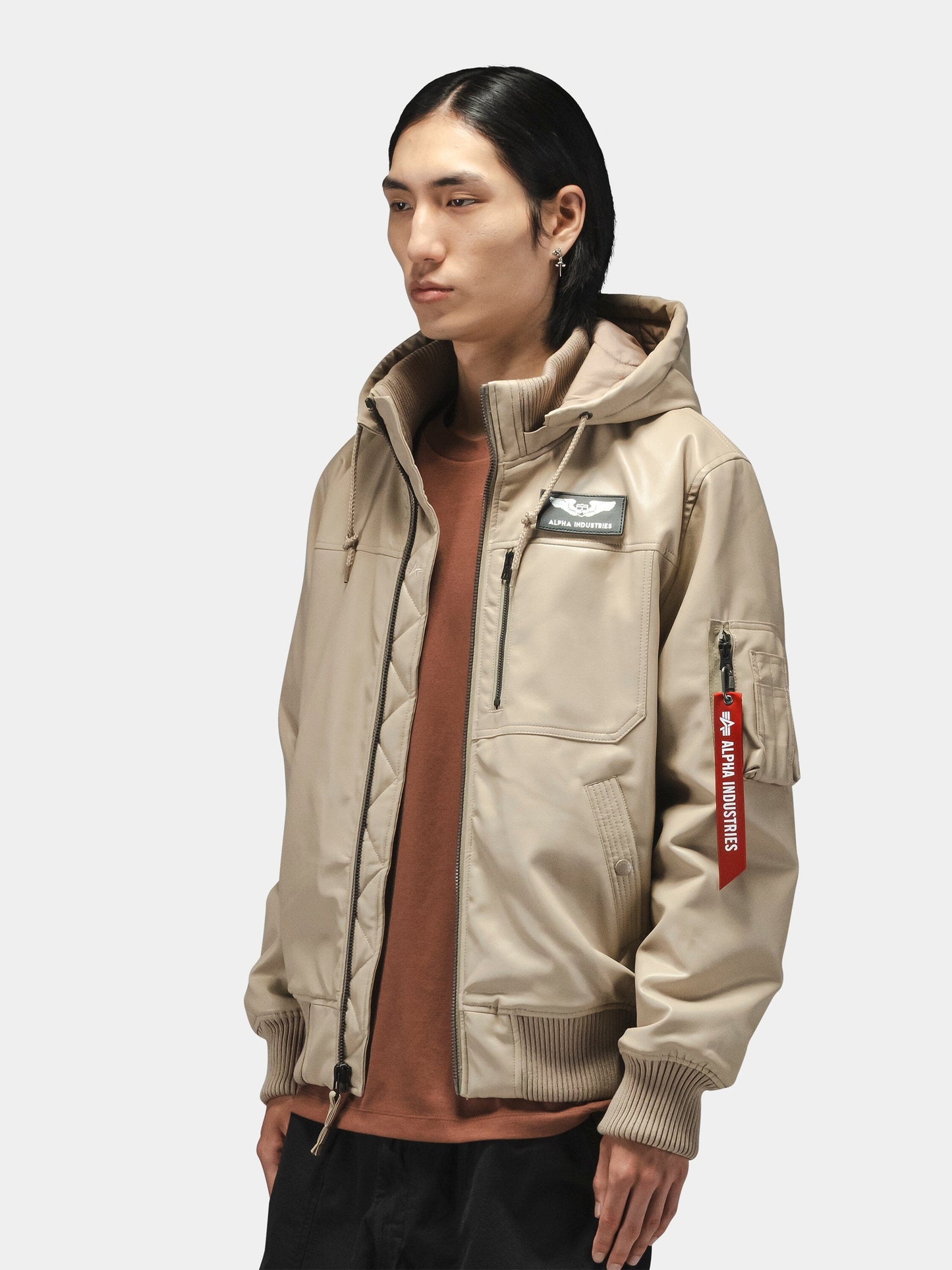 FAUX LEATHER HOODED RIB FLIGHT JACKET OUTERWEAR Alpha Industries 