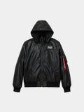 FAUX LEATHER HOODED RIB FLIGHT JACKET OUTERWEAR Alpha Industries BLACK XS 