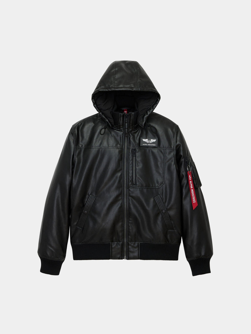 FAUX LEATHER HOODED RIB FLIGHT JACKET OUTERWEAR Alpha Industries BLACK XS 