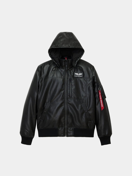 LAST NEST ✴︎ HOODED LEATHER FLIGHT JACKET faux-leather-hooded-rib-flight