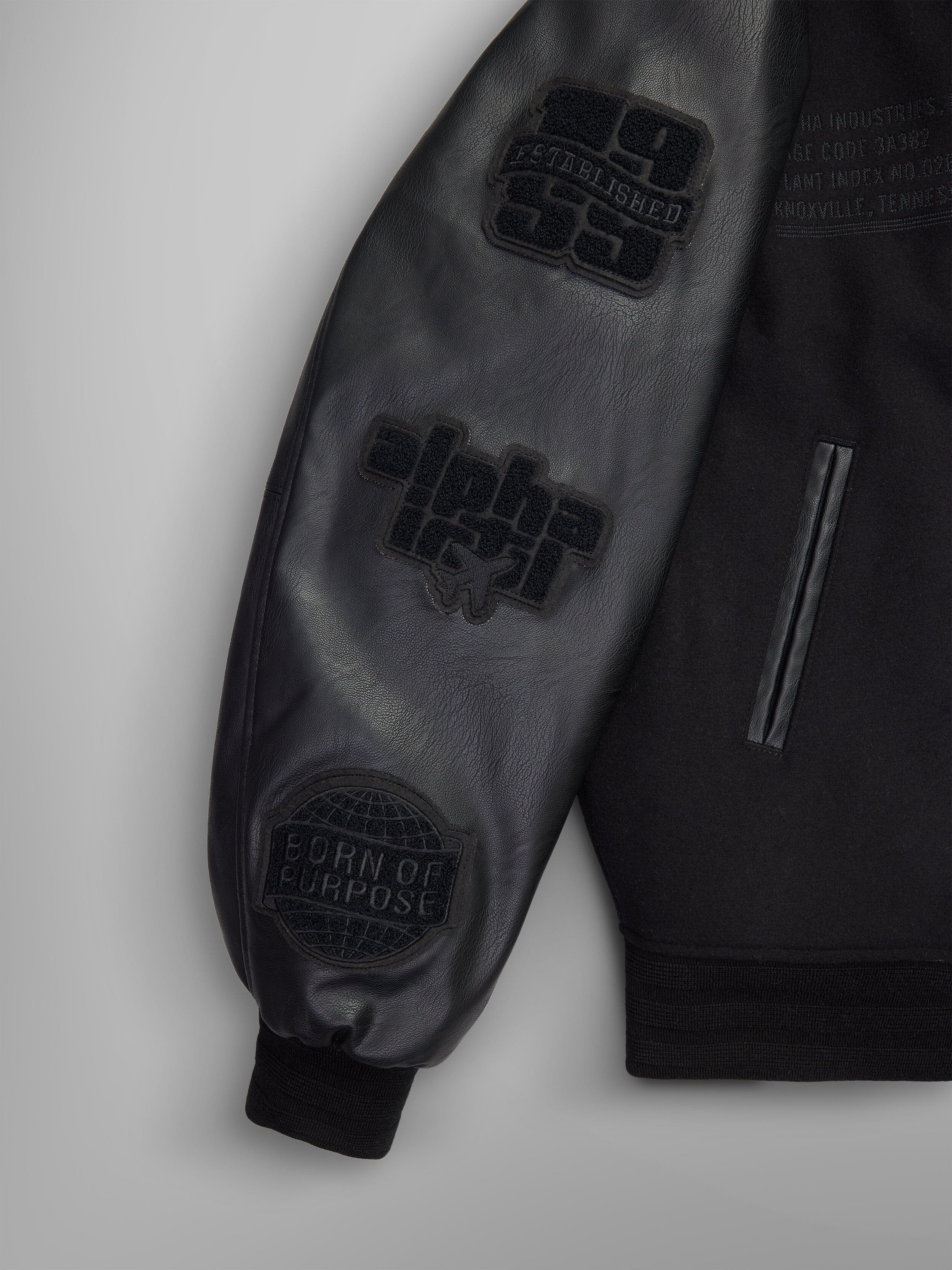 90s alpha leather patch ma-1 USA製　jkt Faux Leather MA-1 Varsity Bomber Jacket | Alpha Industries
