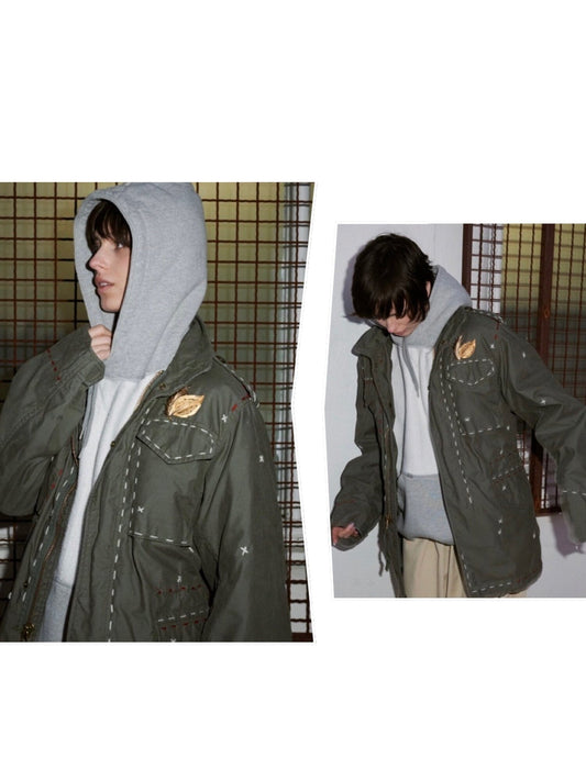 Alpha Industries Gbdg X Alpha Upcycled M-65 in Sage, Reworked Patchwork Style.