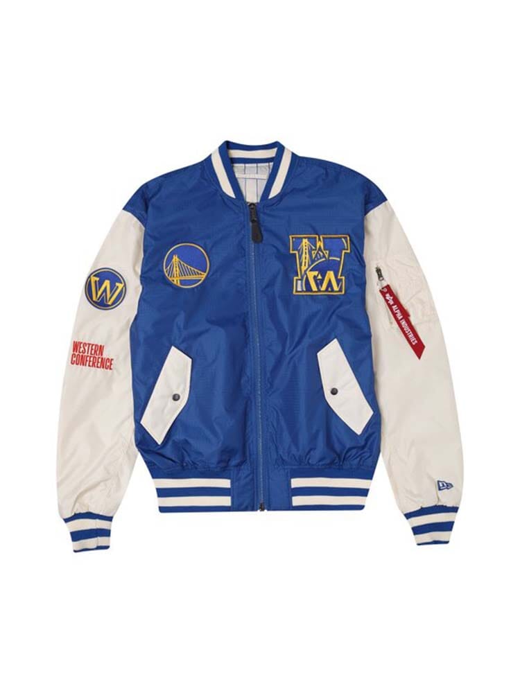 Introducing the Golden State Warriors x Alpha x New Era L-2B Bomber Jacket by Alpha Industries, a reversible varsity-style jacket in blue and white. This stylish piece prominently features logos such as a bridge, W, Western Conference, and team patches on its sleeves.