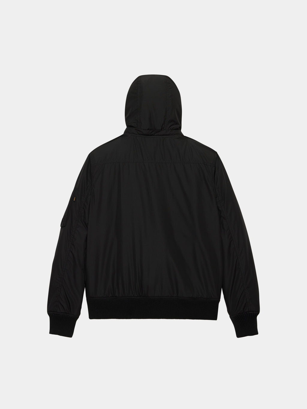 Alpha Industries Hooded Rib Flight Jacket in black with ribbed cuffs, ribbed hem, and utility sleeve pocket.