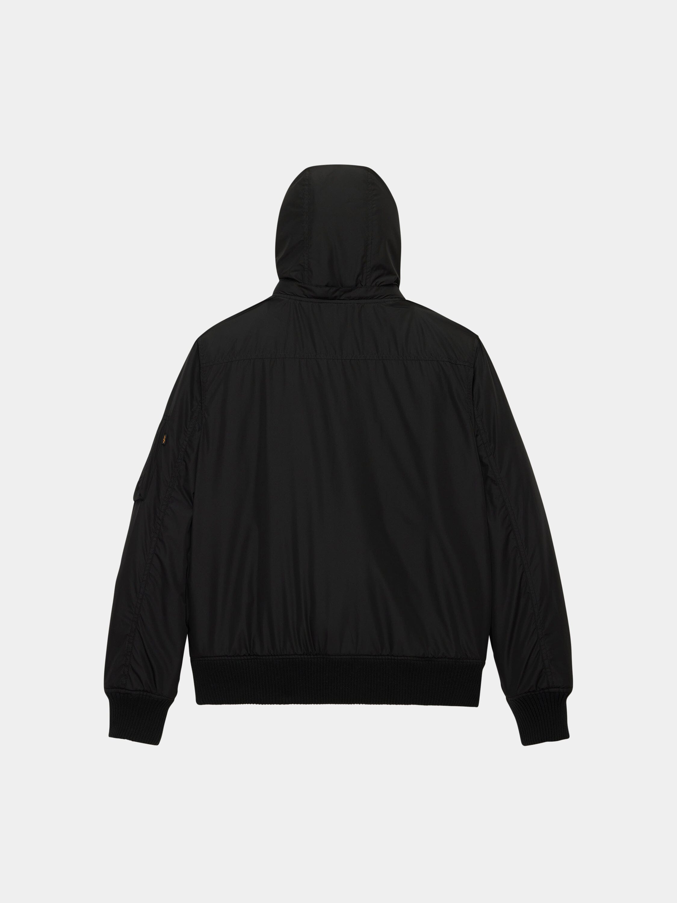 Alpha Industries Hooded Rib Flight Jacket in black with ribbed cuffs, ribbed hem, and utility sleeve pocket.