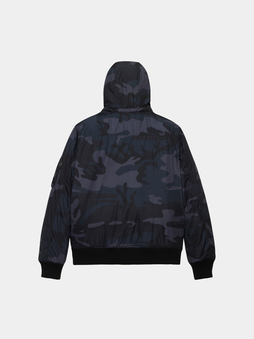 Alpha Industries Hooded Rib Flight Jacket in black and dark gray camo with ribbed cuffs, hem, and utility sleeve pocket.