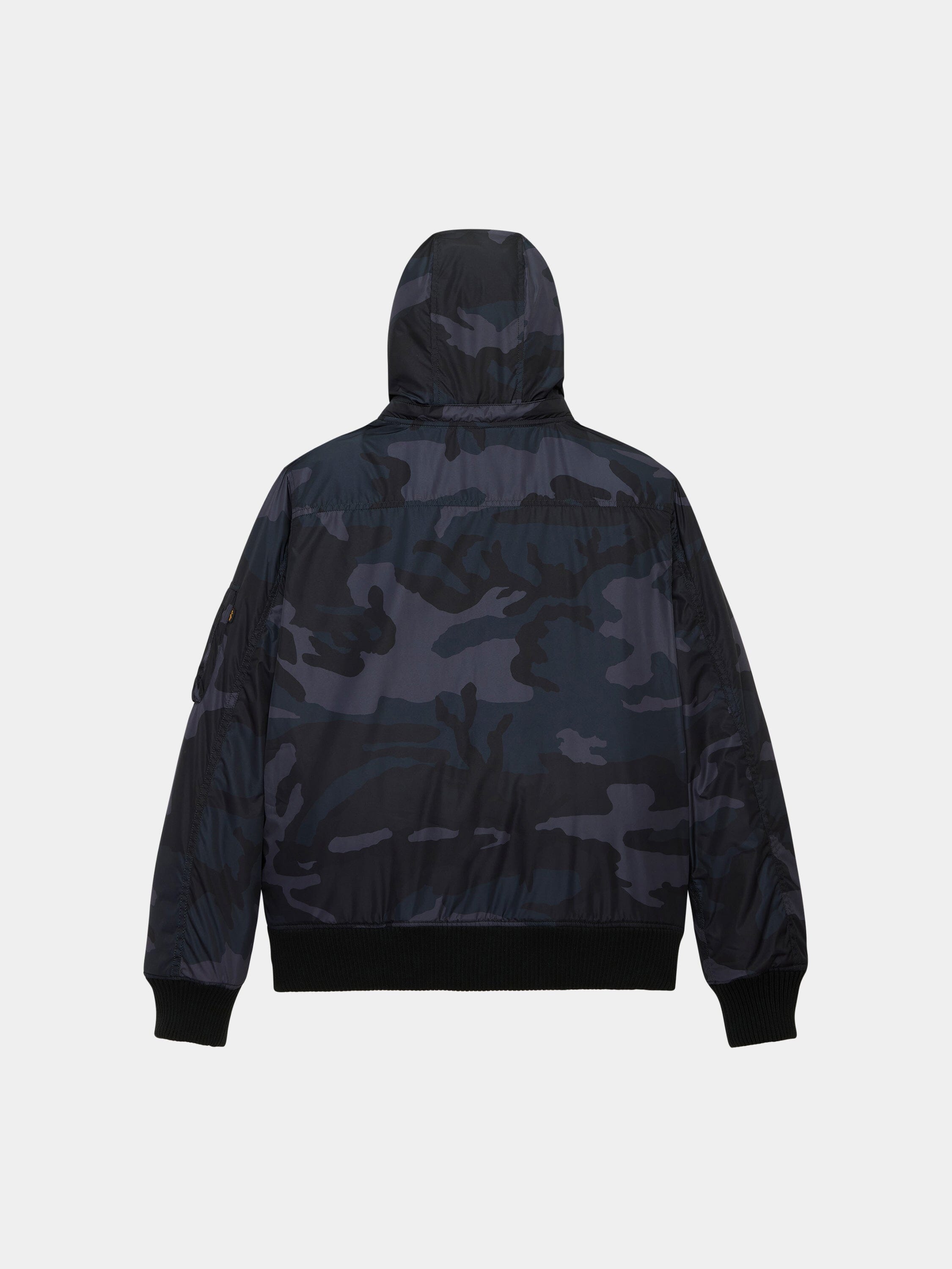 Alpha Industries Hooded Rib Flight Jacket in black and dark gray camo with ribbed cuffs, hem, and utility sleeve pocket.