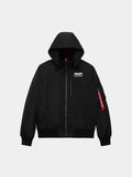 Alpha Industries Hooded Rib Flight Jacket in black with front zipper, chest and sleeve pocket, ribbed cuffs and hem, red tag on sleeve.
