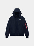 Alpha Industries Hooded Rib Flight Jacket in Replica Blue with front zipper, chest and sleeve pockets, ribbed cuffs and hem, red tag.