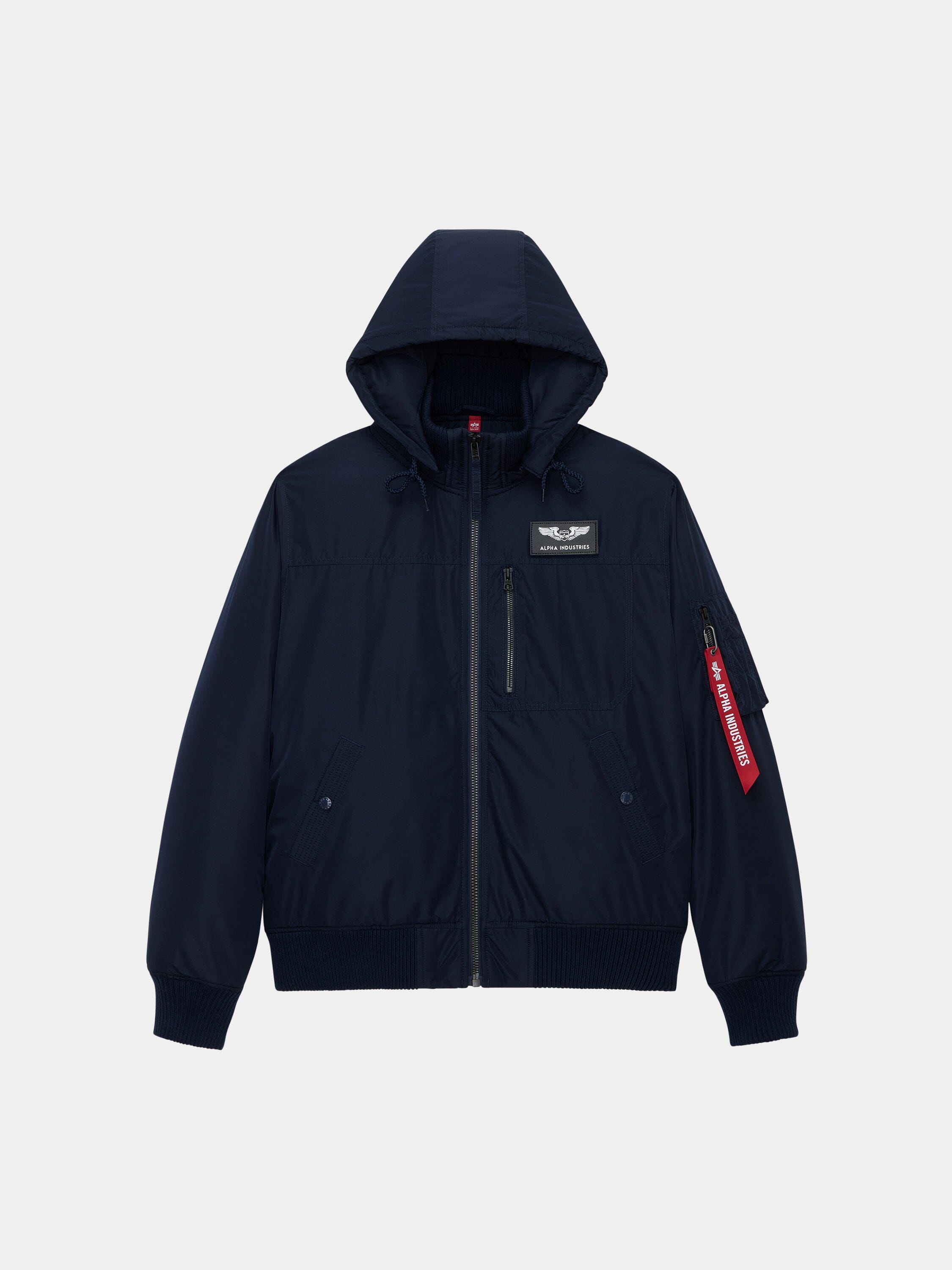 Alpha Industries Hooded Rib Flight Jacket in Replica Blue with front zipper, chest and sleeve pockets, ribbed cuffs and hem, red tag.