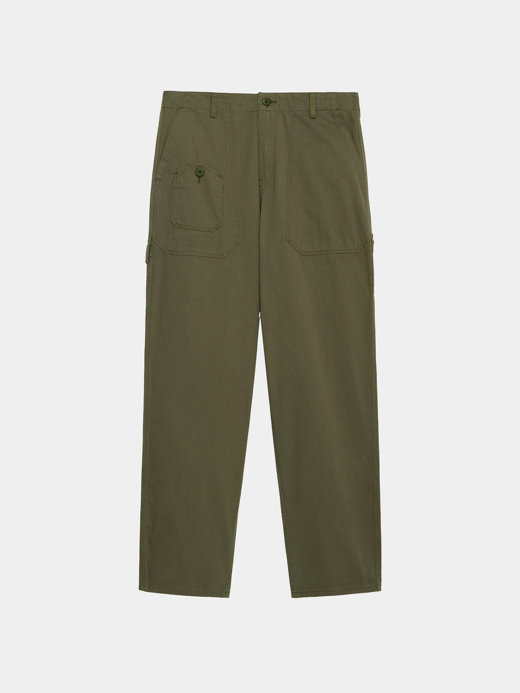 Alpha Industries Hungarian Fatigue Mod Pant in Og-107 Green cotton herringbone with straight-leg cut, button closure, front and flap pockets.