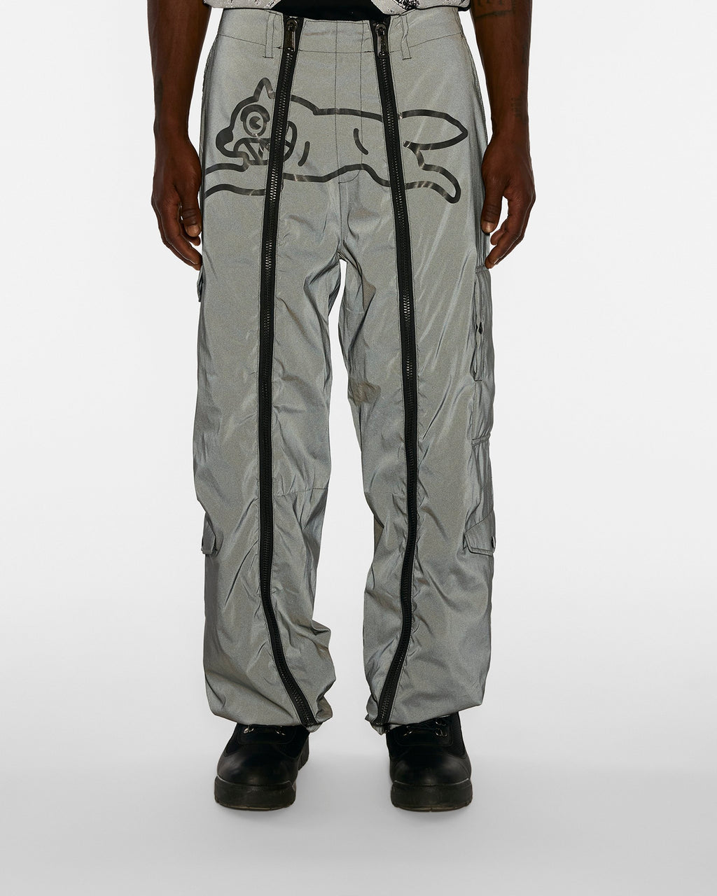 ICECREAM X ALPHA FUR PATCH PANT - On model - front close-up reflective running dog