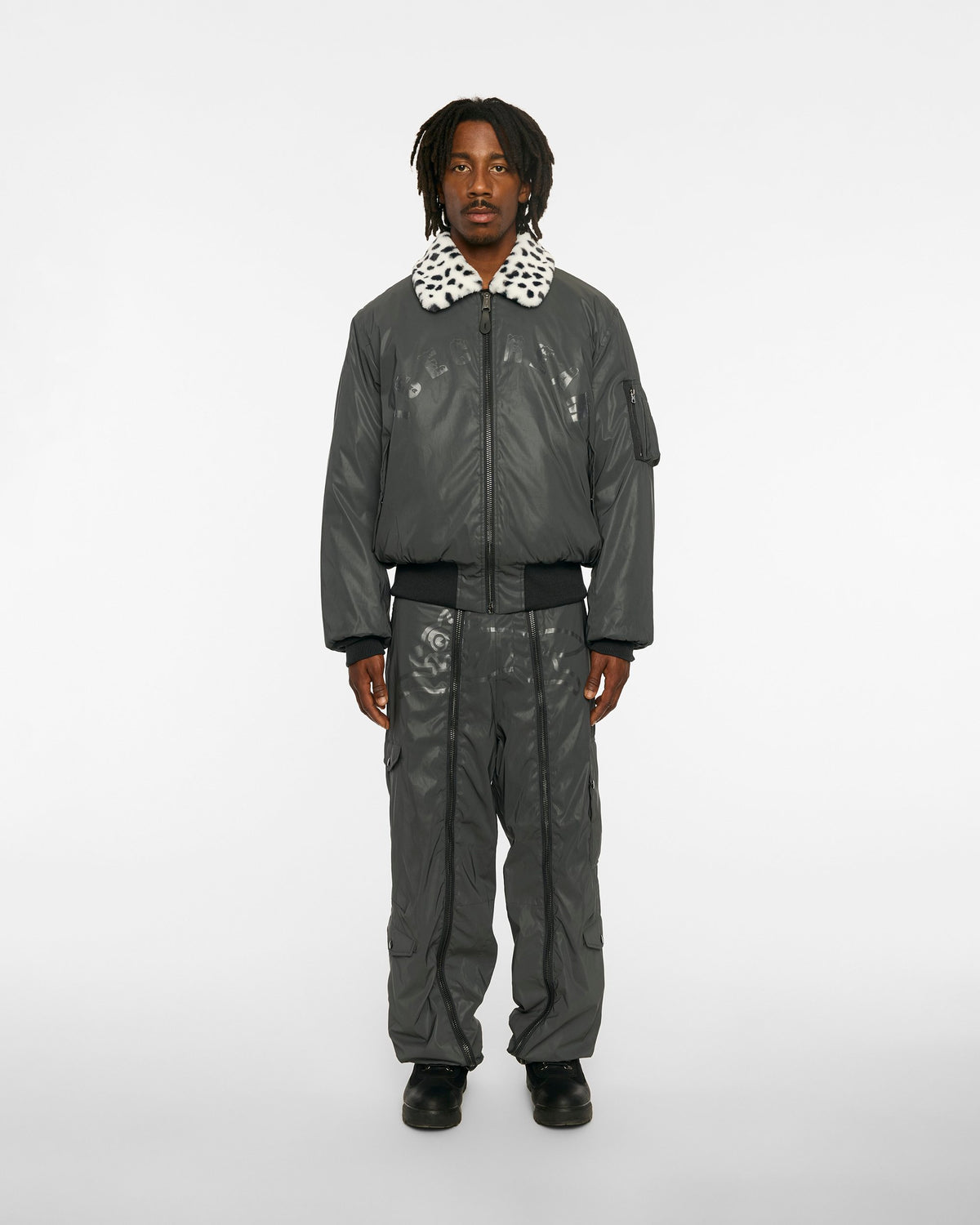 ICECREAM X ALPHA REFLECTIVE FUR COLLAR JACKET - On model - front full length with fur collar alternate
