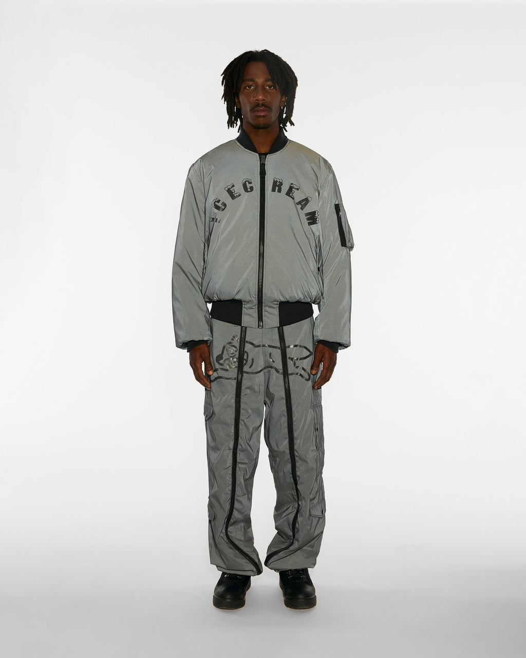 ICECREAM X ALPHA REFLECTIVE FUR COLLAR JACKET - On model - front full length collar removed reflective