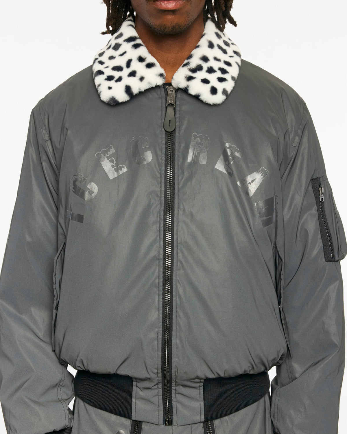 ICECREAM X ALPHA REFLECTIVE FUR COLLAR JACKET - On model - front close-up with fur collar