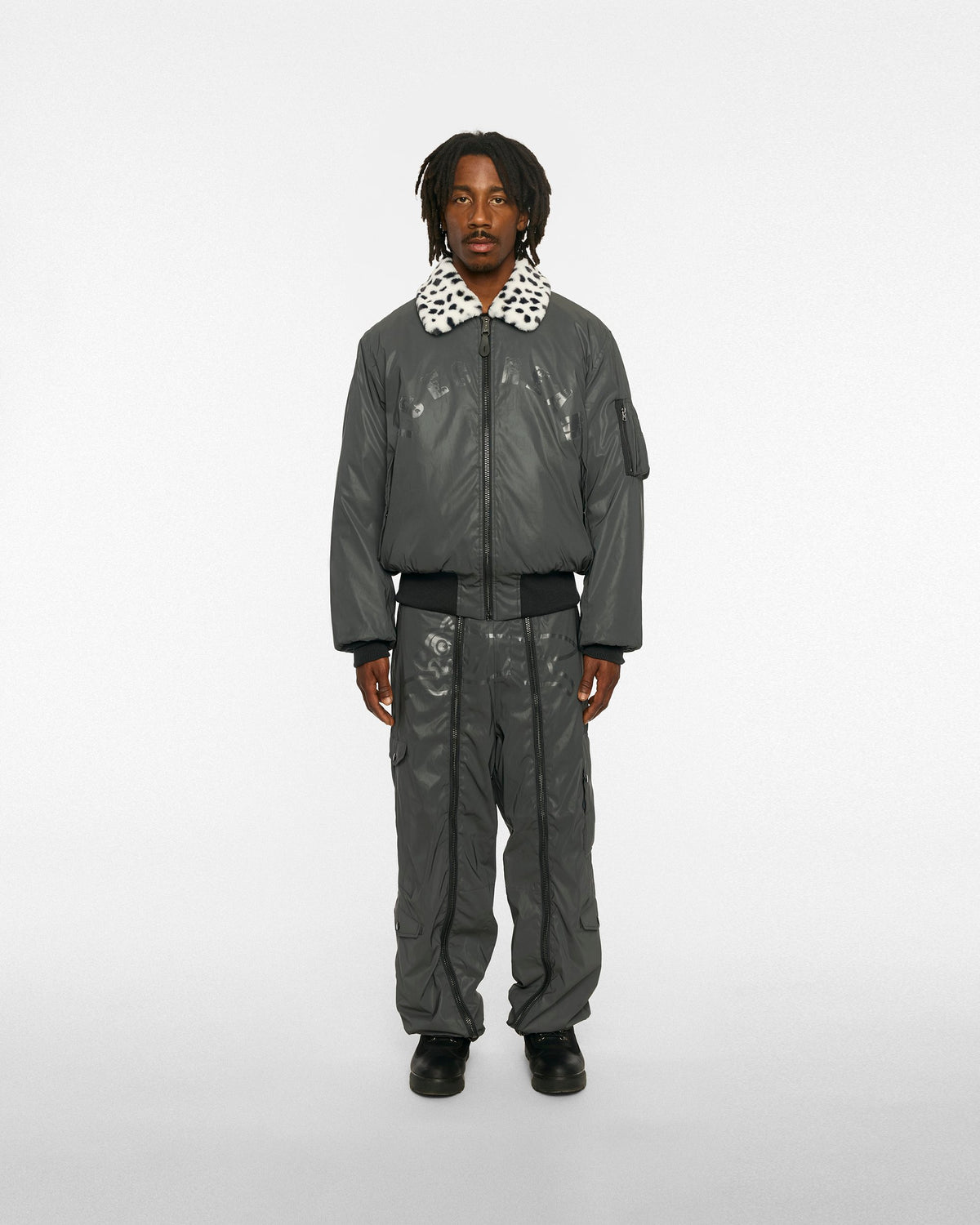 ICECREAM X ALPHA REFLECTIVE FUR COLLAR JACKET - On model - front full length with fur collar