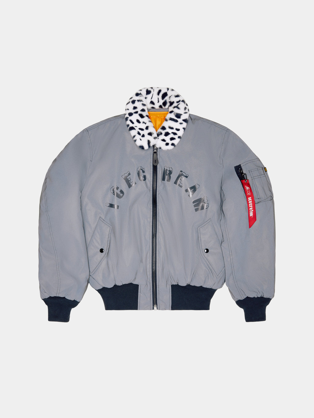 ICECREAM X ALPHA REFLECTIVE FUR COLLAR JACKET - Front - with collar - reflective shows wordmark