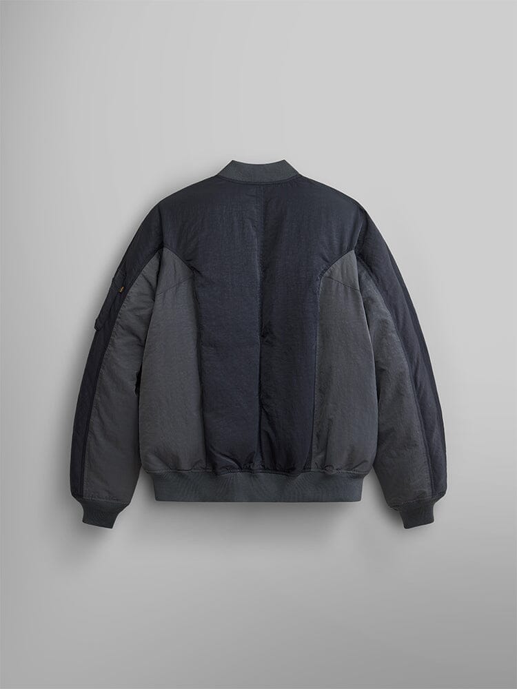 Back view of the Alpha Industries Insulated MA-1 Bomber Jacket in a dark color with responsible down fill, showcasing a ribbed hem and cuffs.