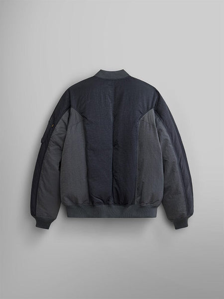 Back view of the Alpha Industries Insulated MA-1 Bomber Jacket in a dark color with responsible down fill, showcasing a ribbed hem and cuffs.